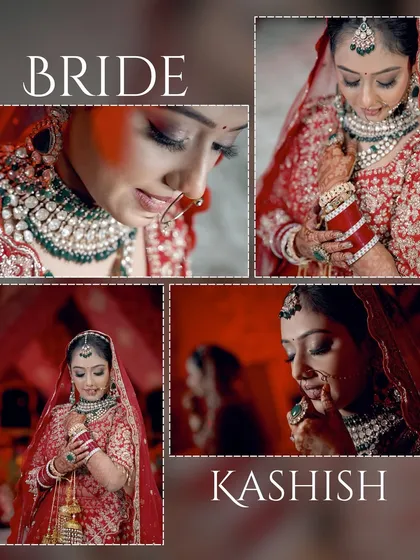 A beautiful collage of the bride, Kashish, focusing on the intricate details of her jewelry, makeup, and emotional expressions.