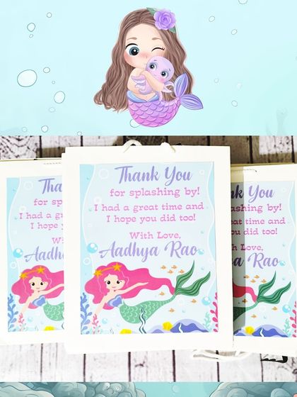 A personalized "Thank you for splashing by!" paper bag for a mermaid-themed party. The custom message adds a lovely personal touch.