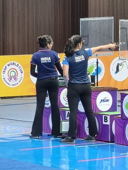 Indian shooters in action during the 25m Pistol event at the ISSF World Cup in Bhopal.