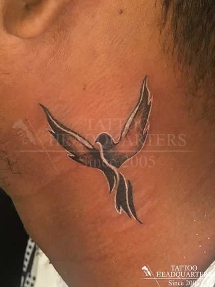 A tribal-style bird tattoo on the side of the face, a bold and striking design.