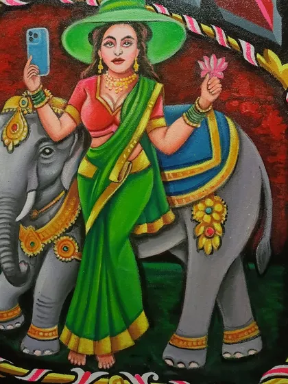 A modern take on the goddess Lakshmi, where she holds a smartphone for a selfie. This piece blends traditional iconography with contemporary life.