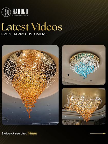 This collage showcases the versatility of the Falling Star chandelier, with happy customers choosing different color combinations like amber, blue, and multi-color to match their unique home interiors.