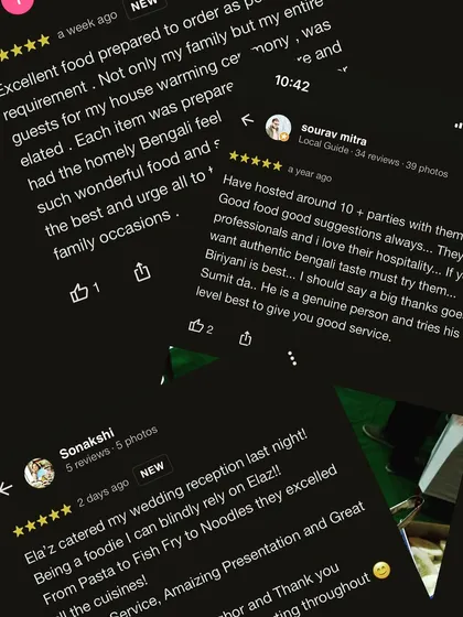 This collage showcases the trust our clients place in us. From wedding receptions to housewarmings, the feedback consistently praises our authentic food, professional service, and great hospitality.