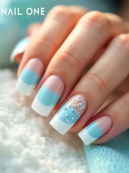 A chic and modern take on the French manicure, this design combines a classic white tip with a block of sky blue. We added a cascade of tiny rhinestones on the accent nail for a touch of sparkle.