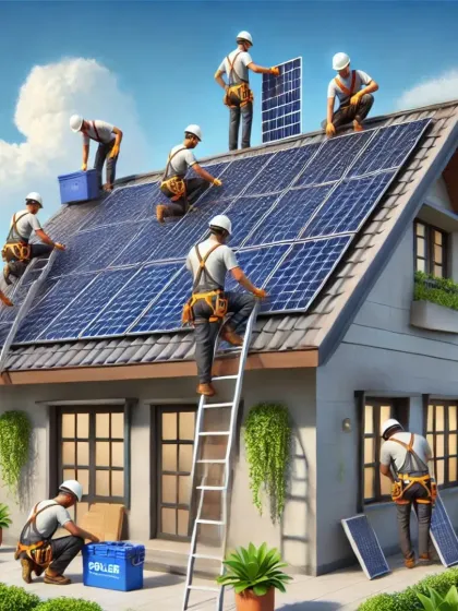 My team of professionals working together to install a rooftop solar system. We use proper safety harnesses and equipment to ensure a secure and efficient installation process.