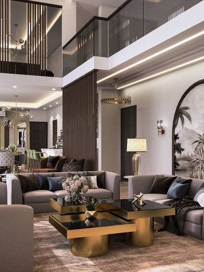 Day and night views of a double-height living and dining area. These renders show how the space transforms, with the night view highlighting the artificial lighting scheme and creating a more intimate mood.