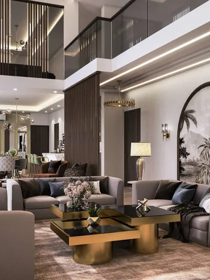Day and night views of a double-height living and dining area. These renders show how the space transforms, with the night view highlighting the artificial lighting scheme and creating a more intimate mood.