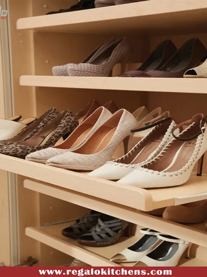 Angled, pull-out shoe shelves are perfect for displaying and organizing heels. This design ensures each pair is easy to see and grab.