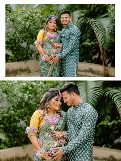 A pair of portraits of the couple from their baby shower, capturing both a formal pose and a more intimate, loving moment.