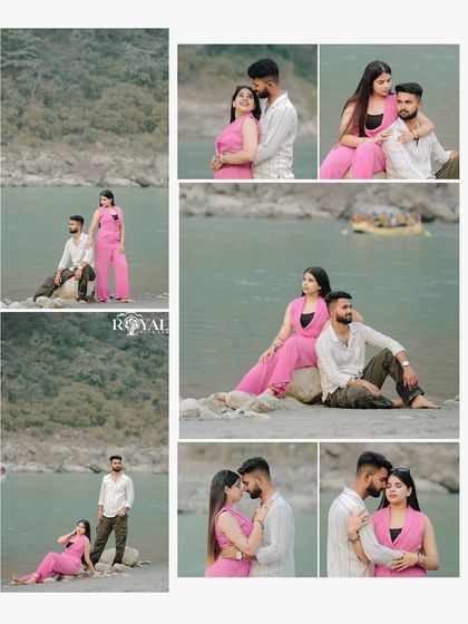 A comprehensive look at a single riverside session, this collage displays a wide range of poses and moods, from romantic close-ups to relaxed, seated portraits against the water.