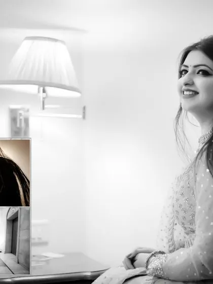 A black and white album layout showcasing a bride's getting ready moments. The main portrait is complemented by smaller detail shots, creating a beautiful and cohesive design.