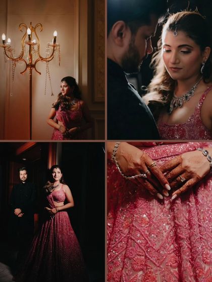 A collage capturing the essence of a Sangeet night, from dramatic couple portraits to close-ups of the bride's intricate lehenga.