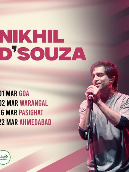 A poster detailing Nikhil D'Souza's extensive tour dates in March, covering cities from Goa to Ahmedabad.