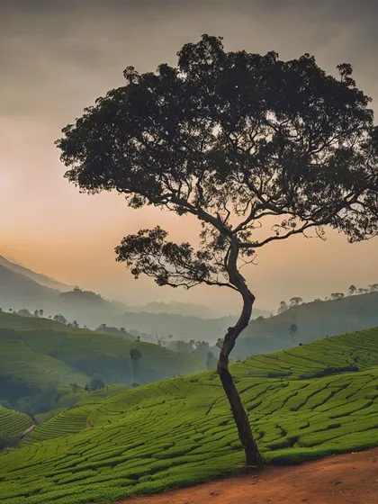 A lone tree stands sentinel over the tea gardens of Munnar at sunset.