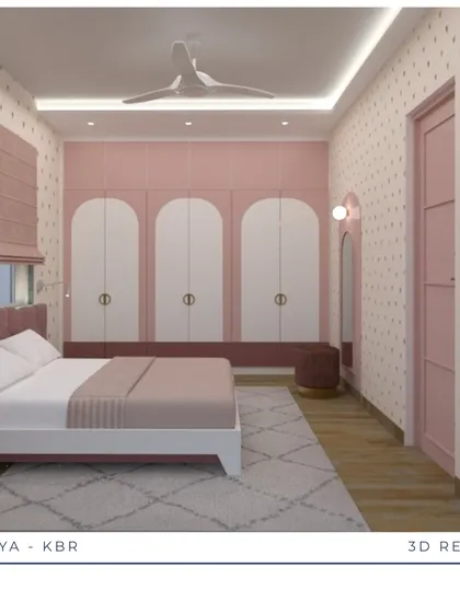 A Dreamy Pink Room Comes to Life: From a playful mood board of pinks and golds to detailed 3D renders, see how we brought this whimsical kid's bedroom to life. The final room, with its arched wardrobe details and integrated study, is a perfect match to the initial vision.