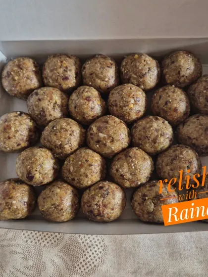 A box of Dryfruit Laddoos with ground nuts, a customized order for a client with young children.