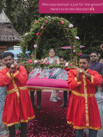 Who says the Baraat is just for the groom? We believe the bride deserves her own grand entrance. For Supreetha, we designed a royal carriage, allowing her to be carried in like a princess, showered with petals by her loved ones.