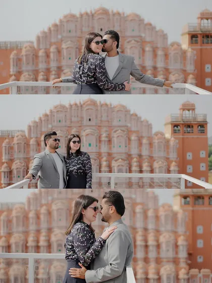 A series of three portraits in front of Hawa Mahal, capturing different interactions and moods, from playful to romantic.