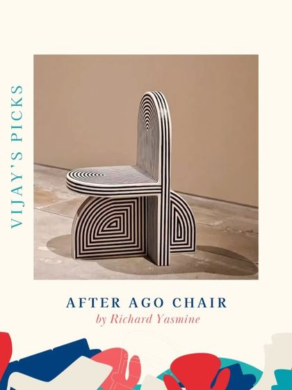 The After Ago Chair by Richard Yasmine, with its bold graphic pattern, is a piece that embodies the vibrant spirit of our work.