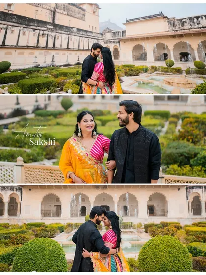 A romantic stroll through the gardens of Amer Fort. This collage captures the beautiful symmetry of the Mughal-style gardens and the couple's connection.