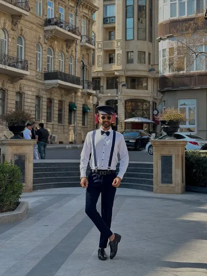 Another shot of my captain's outfit in the beautiful streets of Baku. It's all about committing to the theme and creating an unforgettable experience.