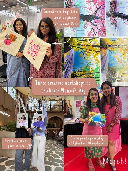 A collage showcasing multiple creative workshops held to celebrate Women's Day. From tote bag painting in Pune to a large canvas painting session for 160 employees at Zydus, it was a month of empowering art.