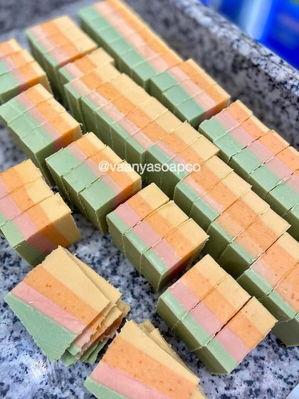 A still shot of our popular Tropical Escape artisan soaps. These sell out so fast that we are constantly making new batches to keep up with demand.