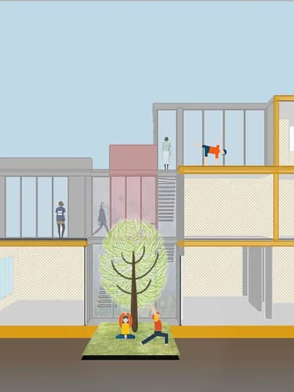 An architectural section drawing for a residence, illustrating how different levels and spaces connect to a central courtyard. The colors denote different materials and zones, including outdoor yoga areas.