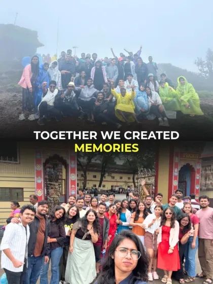 "Together We Created Memories" - a collage capturing the essence of our trips, from rainy treks to happy group photos at a monastery.