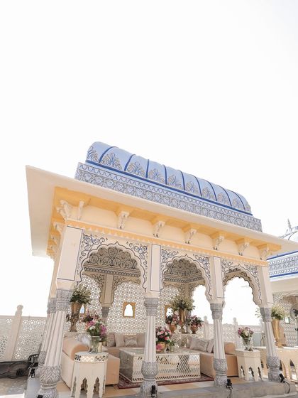 The stunning hand-painted Baradari at The Leela Palace, which we used as a backdrop and lounge area for the pheras. Its architectural beauty needed very little enhancement.