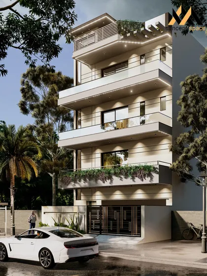 A 3D render of a multi-story residence currently under construction. Our design focuses on contemporary aesthetics with neat, straight lines and integrated green spaces, creating a timeless and durable modern home.