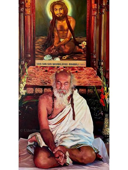 A full, clear view of the 5.5x3 feet oil painting. The composition includes a depiction of the Guru in his younger, meditative state in the background.