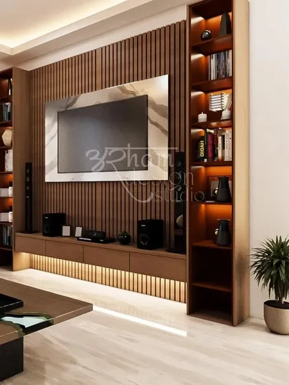 This custom-built entertainment unit combines open and closed storage, featuring vertical wood fluting and integrated lighting. It's a perfect example of how I merge aesthetics with practical solutions for modern living.