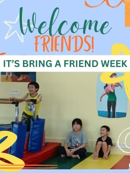 It's always more fun with friends. Our 'Bring a Friend Week' is a special event where your child can share their love for The Little Gym with a buddy. This image captures the spirit of friendship and shared fun that we encourage in all our classes and events.