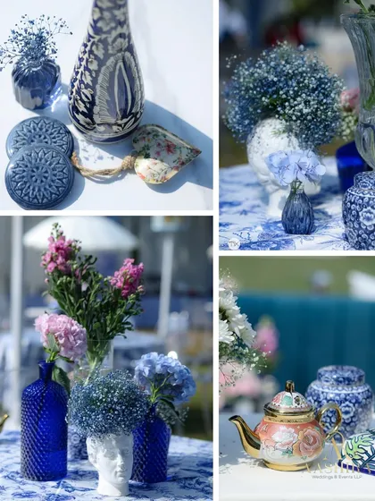 A collage of the 'Azure Reverie' theme, showcasing the blue and white decor details, from the printed linens and pottery to the beautiful floral arrangements.