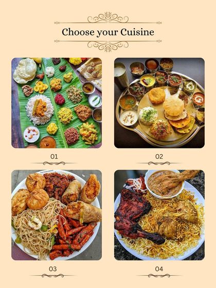 We also handle all your catering needs. This collage shows the variety of cuisines we can arrange, from traditional South Indian banana leaf meals and North Indian thalis to Chinese and non-vegetarian feasts.