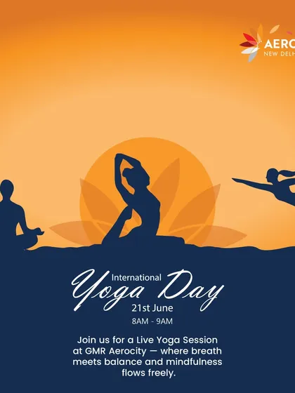 Join us in celebrating International Yoga Day. This graphic represents the peace and balance that yoga brings, inviting you to a live session where breath meets mindfulness.