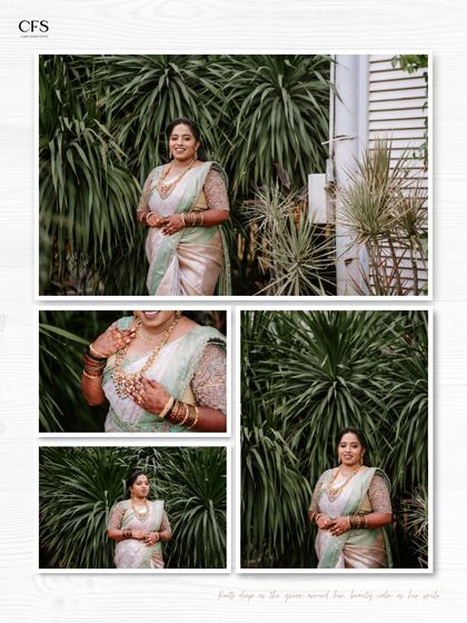 A collage of a bride in a lovely pastel green saree, posing against a lush backdrop. These portraits highlight her grace and the beauty of the natural surroundings.