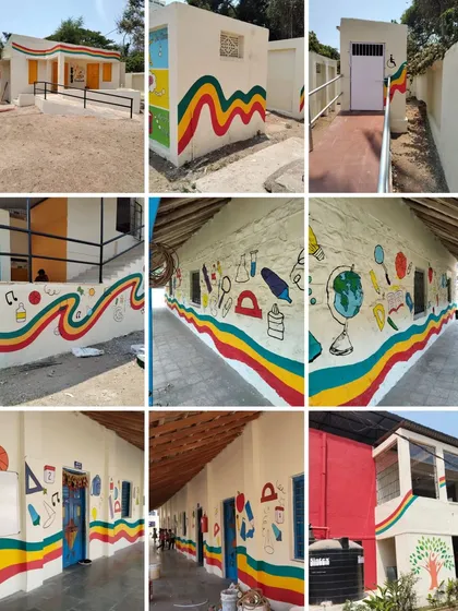 A collage showing the cohesive design language used across an entire school, with a recurring wave pattern and educational doodles.