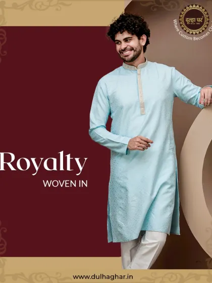 Royalty woven in. A sky blue kurta with a contrasting placket, offering a fresh and modern look.