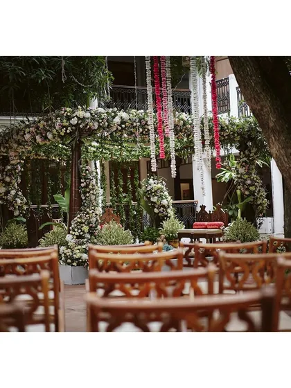 A beautiful perspective of the garden mandap, framed by the elegant wooden guest chairs.