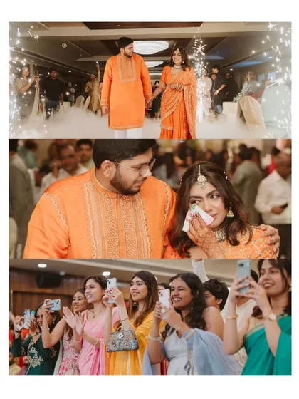 A triptych of moments from Hinal and Jeet's engagement. It shows their grand entrance with sparklers, an emotional moment, and the joy of their friends capturing the memory.
