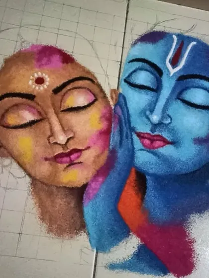 A work-in-progress shot of the Radha-Krishna portrait. The grid lines help me maintain proportion for complex figurative work, but all the coloring and shading is done freehand.