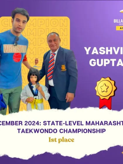 Yashvie Gupta, one of our youngest and brightest stars, after winning 1st place at the State-Level Maharashtra Taekwondo Championship.