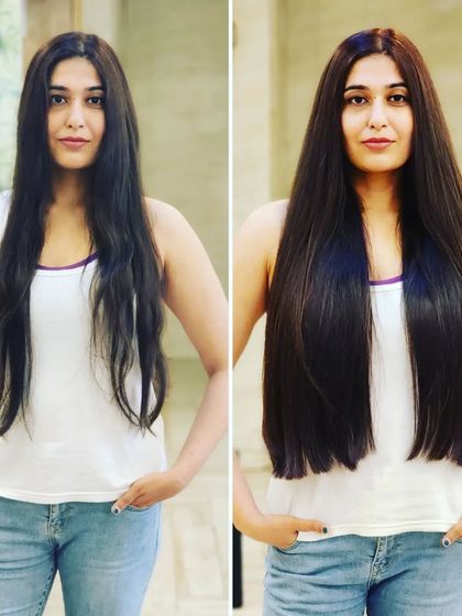 The same stunning 30-inch transformation, viewed from the front. The extensions frame her face beautifully, creating a completely new and glamorous silhouette.