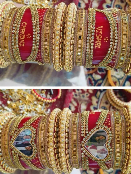 This is a custom-made bridal chooda, a truly personal accessory for a bride. I can add the couple's names, as seen on the top bangle set, or even embed their photos in heart-shaped frames, as shown on the bottom set.