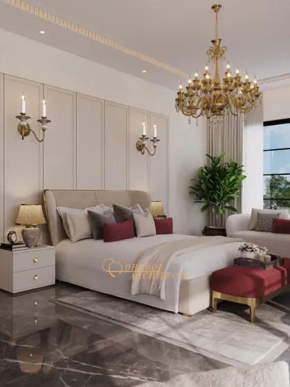 A grand chandelier and classic wall sconces add a touch of glamour to this sophisticated bedroom, with its dark marble floors and pops of rich red.