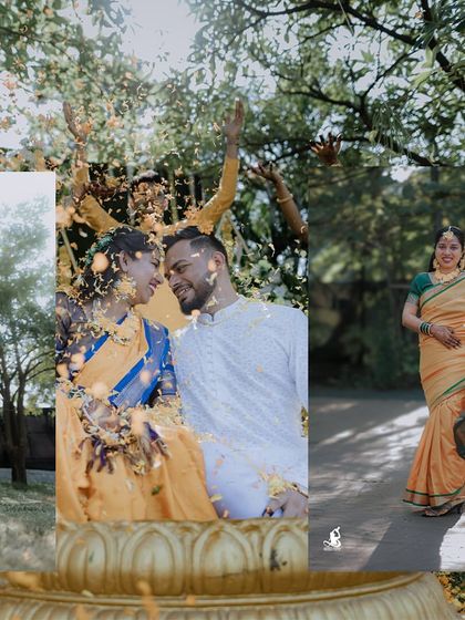 A vibrant collage showing the couple being showered with petals and the bride's graceful solo portrait.