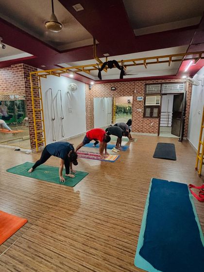 A group of students practicing Ashwa Sanchalanasana (Equestrian Pose) as part of a vinyasa flow in our Dwarka studio.