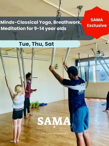 Mindfulness can be playful. In my YoungMinds program for kids aged 9 to 14, I use simple poses, breath games, and even aerial hammocks to introduce them to the benefits of yoga and meditation in a fun, engaging way.